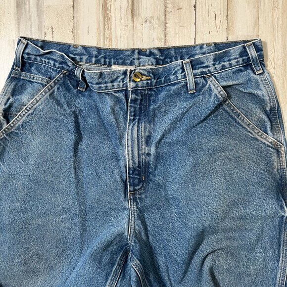 Vintage 90s Carhartt Thrashed Blue Denim Carpenter Canva Cargos Mens Sz 36 x 36 - Picture 4 of 6